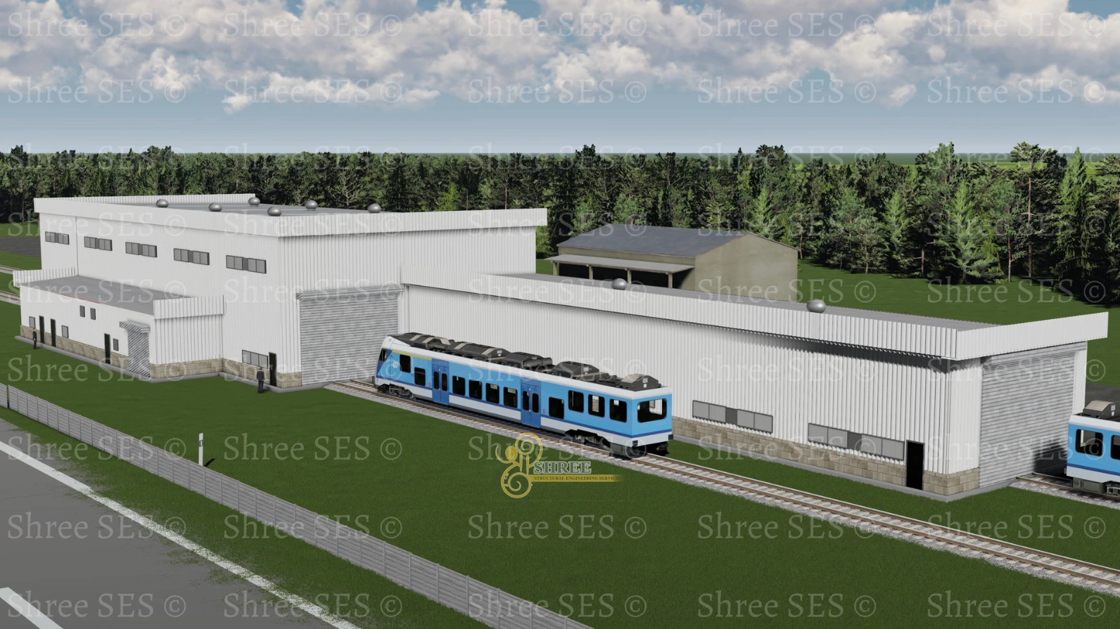 Structural Design for Bullet Train Maintenance Shed - Thane 3D structural model of the Bullet Train maintenance shed in Thane, featuring heavy-duty PEB steel design and engineering