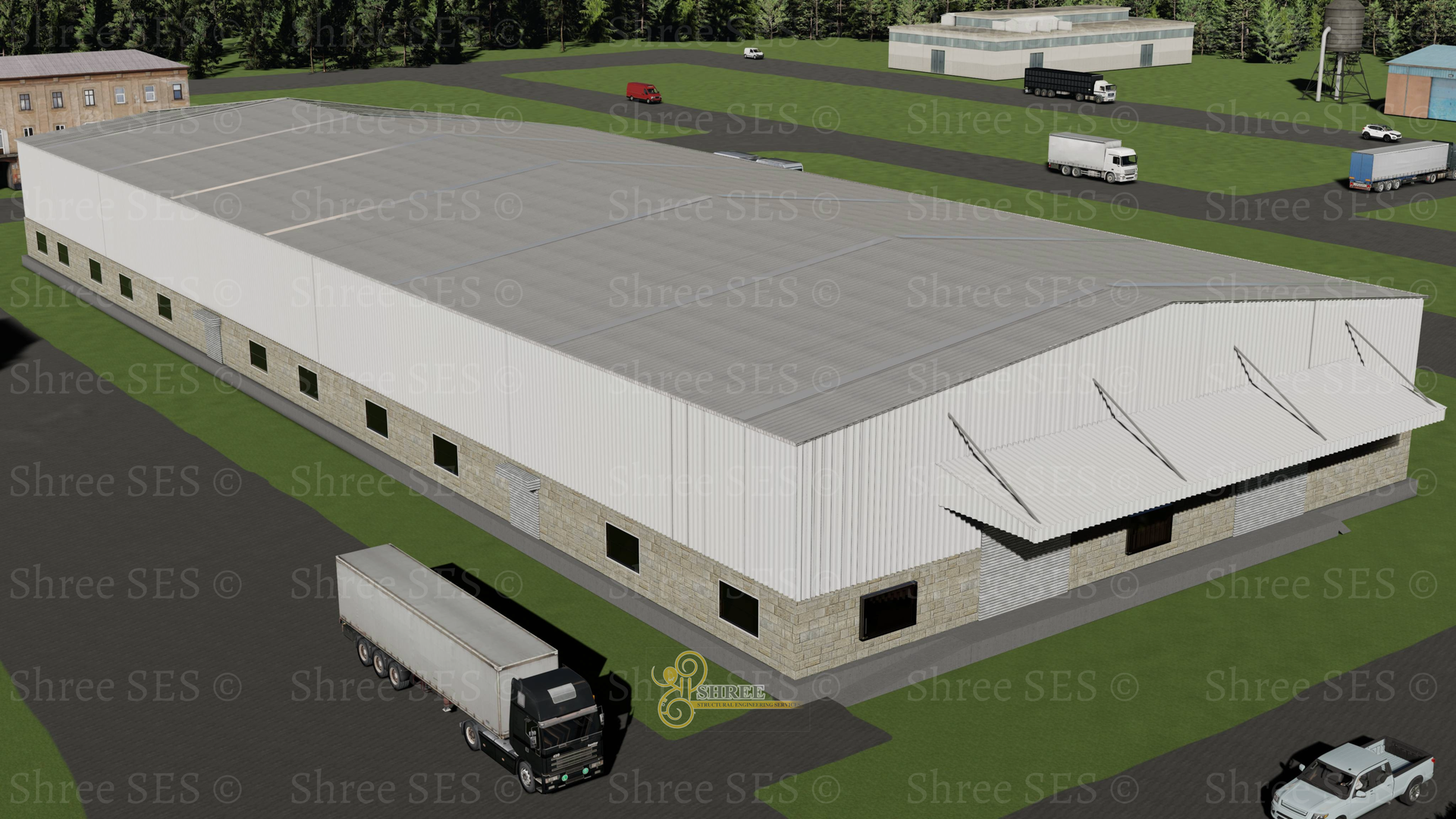 All-weather loading: Large Cantilevered Canopy Design 3D structural design of a PEB warehouse featuring a large cantilevered canopy optimized for all-weather loading bay operations.
