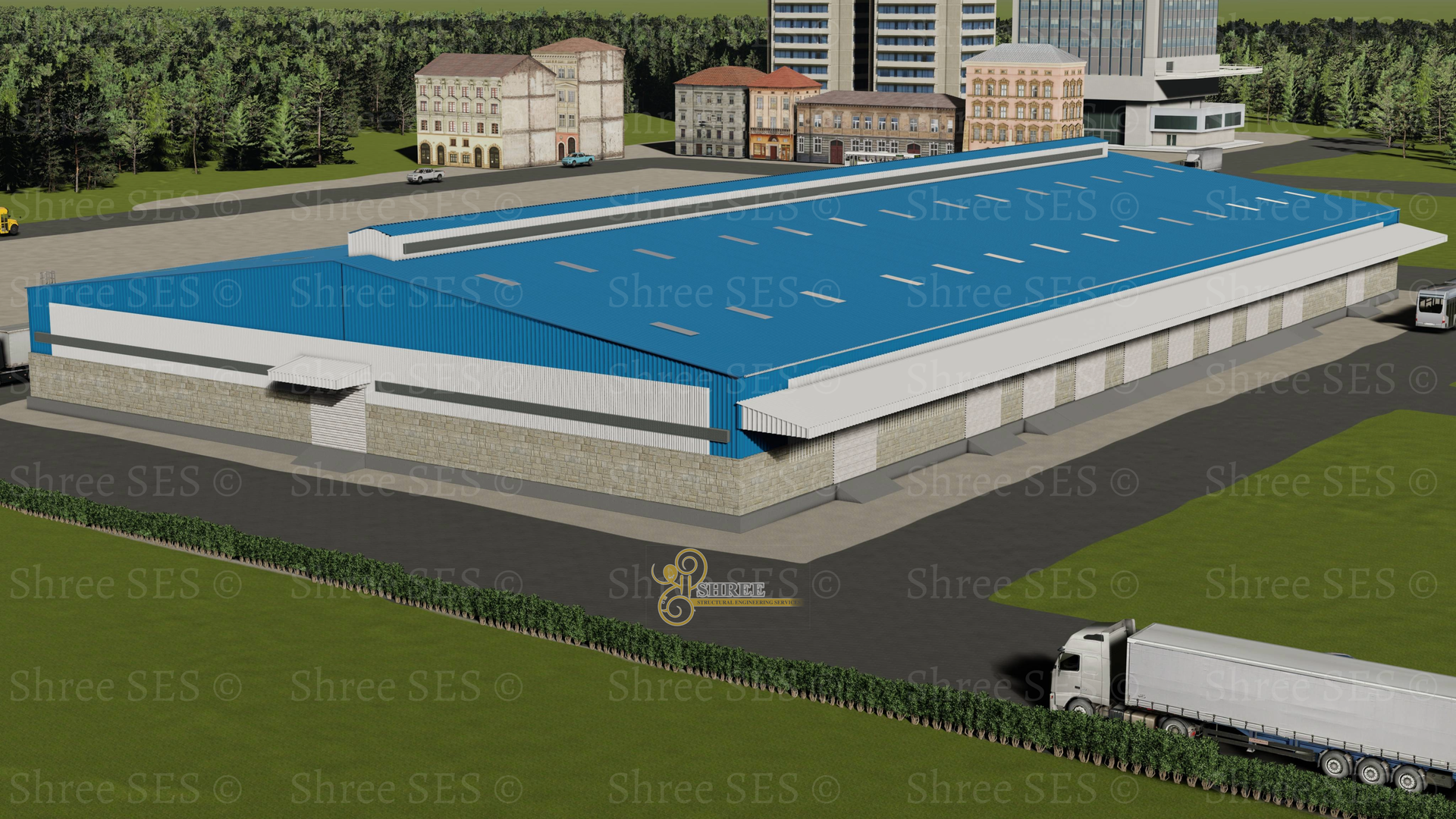 Optimized Ventilation: Custom Roof Monitor Design 3D structural design of an industrial PEB shed near Surat, featuring a custom roof monitor for optimized ventilation and airflow
