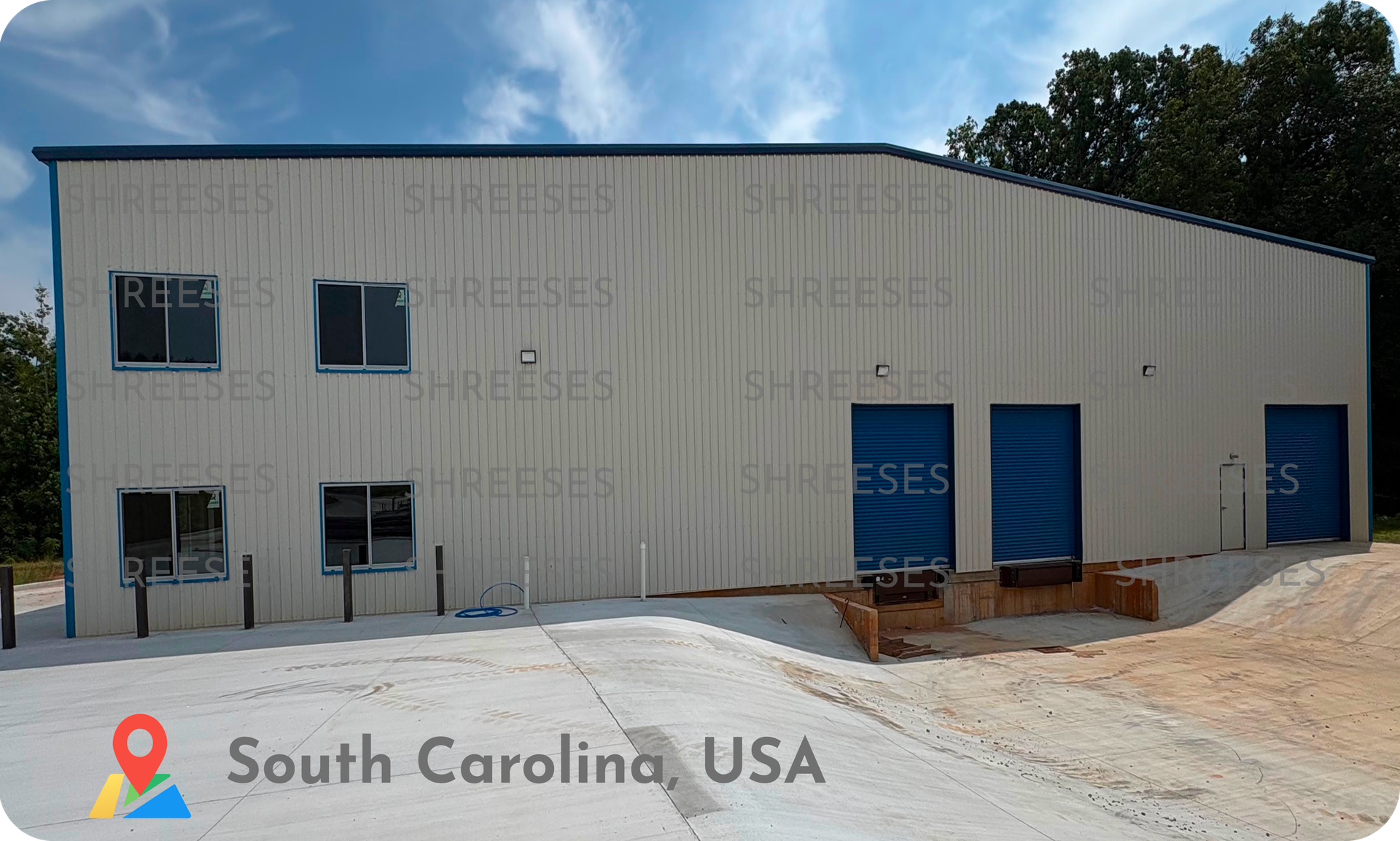 190 ft x 125 ft PEB Industrial Structure - South Carolina, USA by Shree Structural Engineering Services - ShreeSES Pre-engineered steel building 190ft x 125ft constructed in South Carolina USA by Shree Structural Engineering Services – ShreeSES