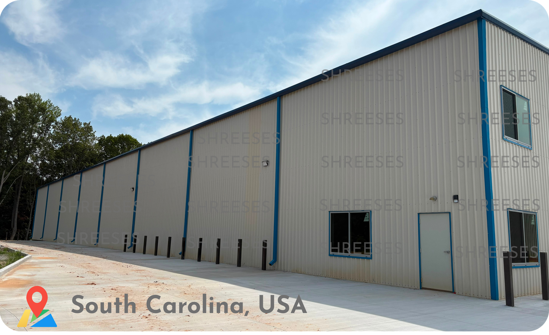 PEB Structural Design & Construction - 190 ft Steel Building by Shree Structural Engineering Services - ShreeSES Long elevation view of 190 ft steel PEB structure showing structural framing and cladding, South Carolina USA by Shree Structural Engineering Services – ShreeSES
